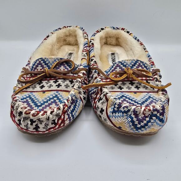 Minnetonka Native American canvas faux fur lining slipper shoes leather bows 9 - Picture 4 of 10